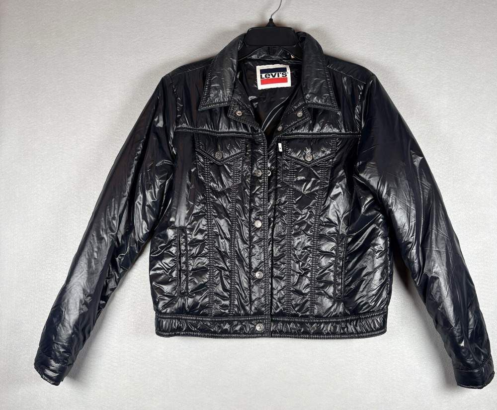Levi's Original Puffer Trucker Jacket Women's Large Black Glossy